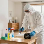 Dedetizadora professional inspecting a home for pests, showcasing safe pest control practices and equipment in a bright living environment.