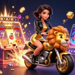 Experience thrilling action at 77gg with a glamorous Asian woman riding a golden lion, surrounded by exciting casino elements.