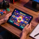 Engaging gameplay of slot gacor on tablet with colorful animations and cozy gaming atmosphere.
