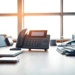 Showcasing a professional business phone on a modern desk, highlighting its design and utility.