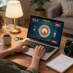 Player engaging in online MK8 casino game from home, showcasing interactive roulette table on laptop.