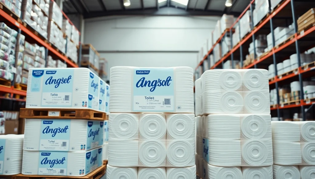 View of Angel Soft Toilet Paper Pallets arranged neatly in a spacious warehouse setting.