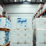 View of Angel Soft Toilet Paper Pallets arranged neatly in a spacious warehouse setting.