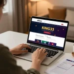 Player engaging in online casino gameplay at KING33, laptop screen visible showing game interface, warm home atmosphere.