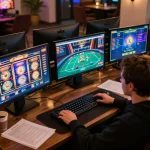 Enthusiast engaging in OXBET online gaming with multiple screens and strategic notes.