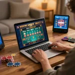 VIN88 player enjoying an online casino experience at home using a laptop, promoting responsible gambling.