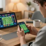 LU88 sports betting excitement with a person placing bets on their smartphone in a modern home office.