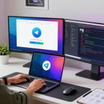 Download Telegram app in a modern tech workspace with vibrant displays and creative elements.