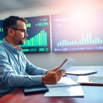 Analyse des tendances de l’actualité DeFi par un analyste financier dans un bureau moderne.