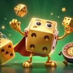 lu88 showcases a captivating 3D casino scene with golden dice, juggling smaller dice, and vibrant crypto elements.