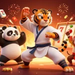 Engage with Da88's vibrant casino scene featuring a kung fu tiger master, panda disciple, and monkey student amidst slots.