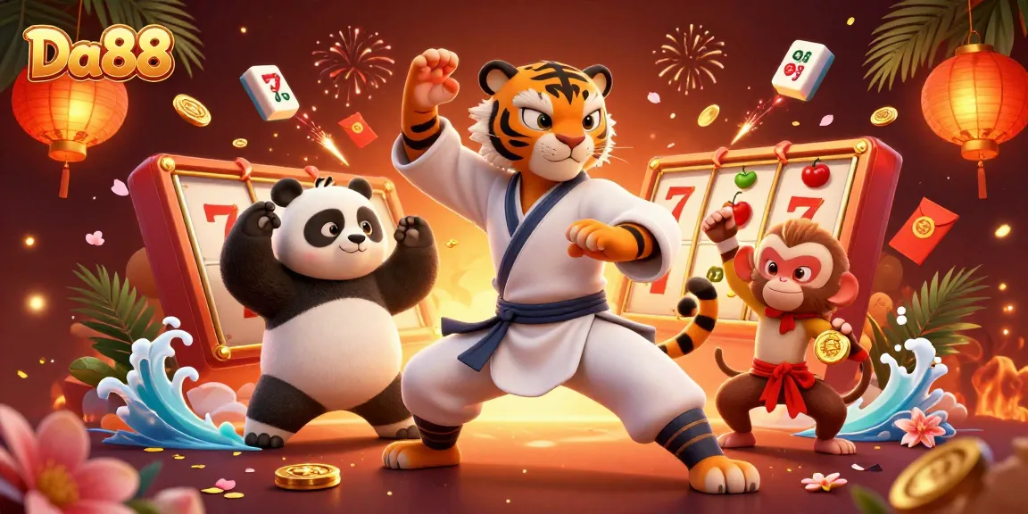 Engage with Da88's vibrant casino scene featuring a kung fu tiger master, panda disciple, and monkey student amidst slots.