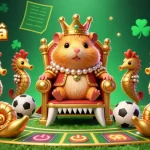 Engage in cá cược bóng đá with the golden hamster king on a megalodon throne surrounded by playful gaming elements.