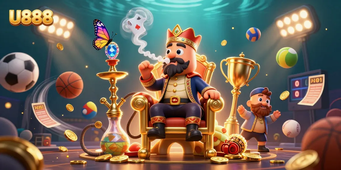 Experience thrilling gaming at U888 with a vibrant 3D scene showcasing dynamic sports elements and lucky symbols.