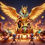 Engage with the sin88 online casino as the colossal scarab beetle rides through a vibrant slot game arena.