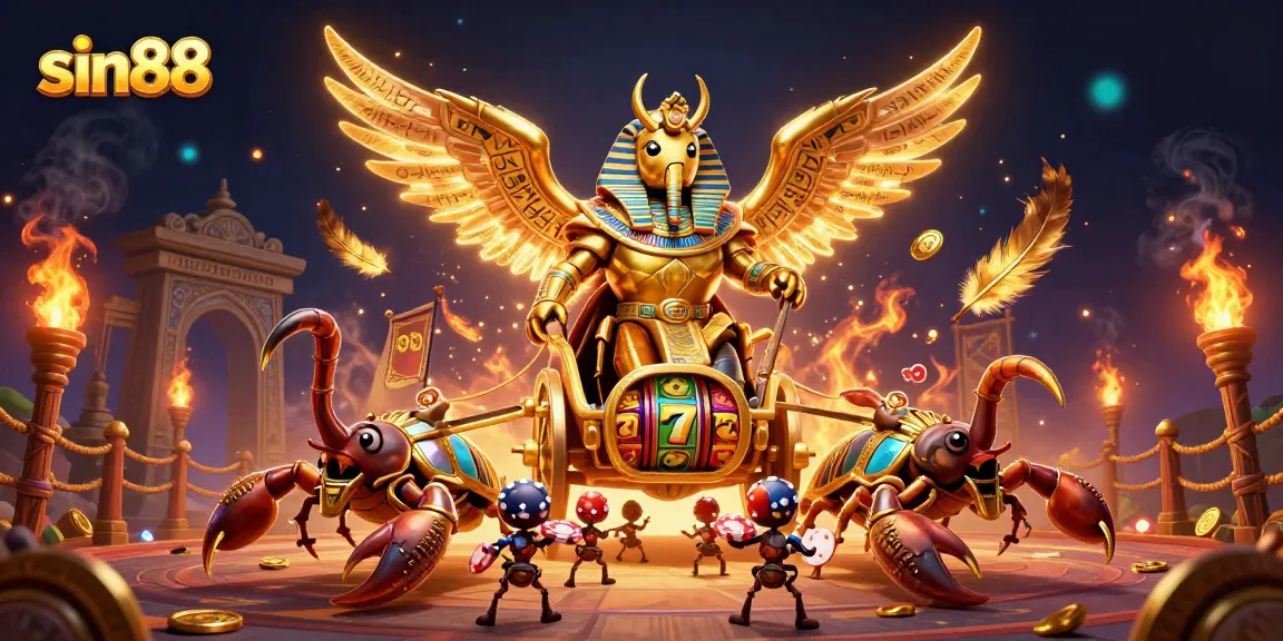 Engage with the sin88 online casino as the colossal scarab beetle rides through a vibrant slot game arena.