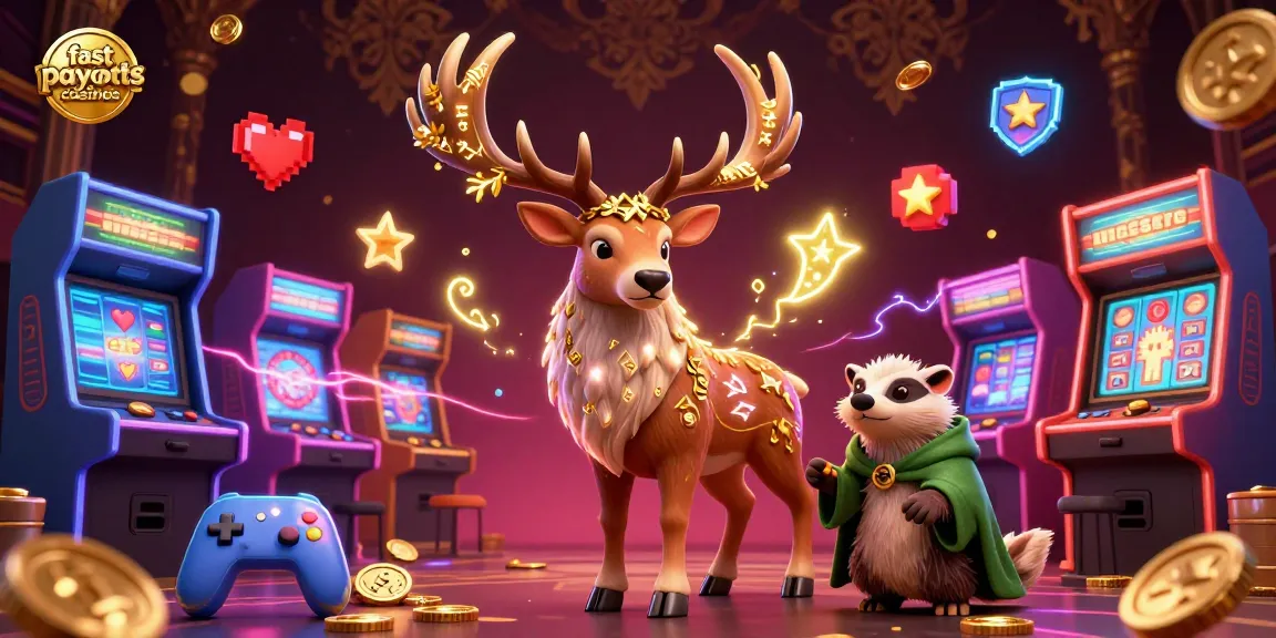 Experience fast payouts casinos with a vibrant 3D illustration showcasing arcade game machines and enchanting characters.