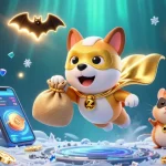 Explore fabet's vibrant gaming universe with a superhero dog and crypto coins in this dynamic 3D illustration.