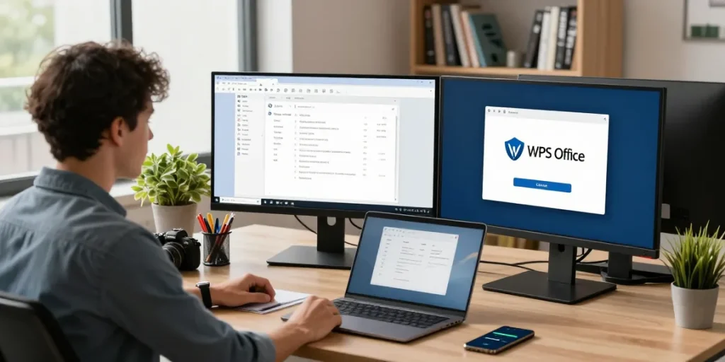 Download WPS Office interface displayed on multiple screens in an inspiring modern workspace environment.