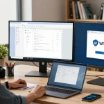 Download WPS Office interface displayed on multiple screens in an inspiring modern workspace environment.