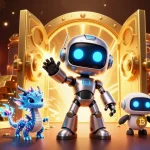 Engage with 57E and unlock treasures in this dynamic casino scene with futuristic characters and vibrant game elements.