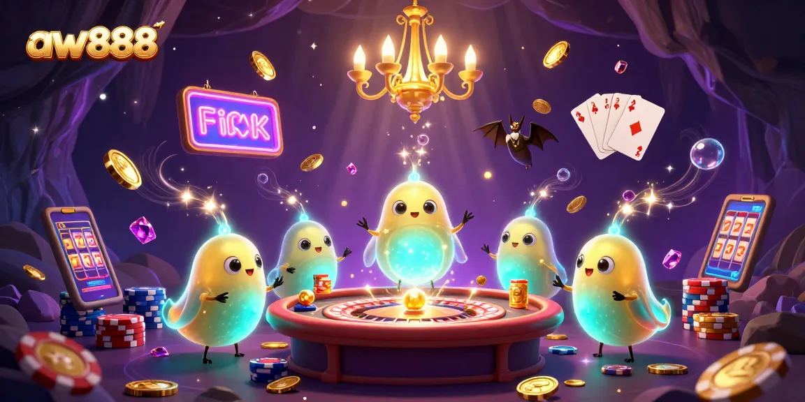Experience the excitement of aw888 casino with glowing characters lighting up the action, surrounded by vibrant casino elements.