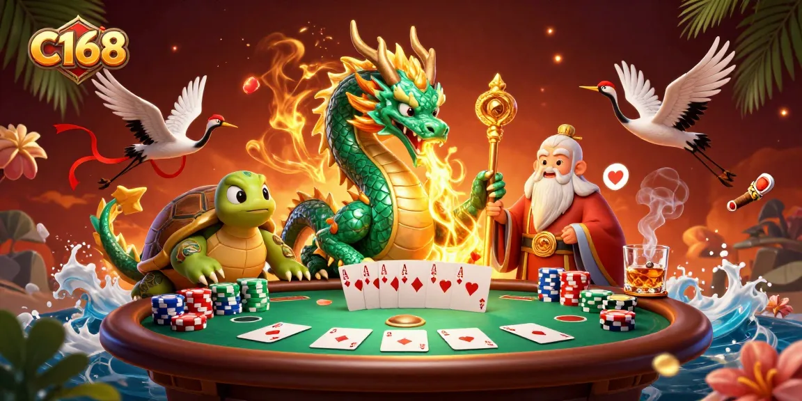 Engage in high-stakes action with C168's vibrant dragon and turtle illustration set at a lively poker table.