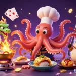 Spin winnings at the rik vip online casino as an octopus chef prepares while a dragon breathes fire.
