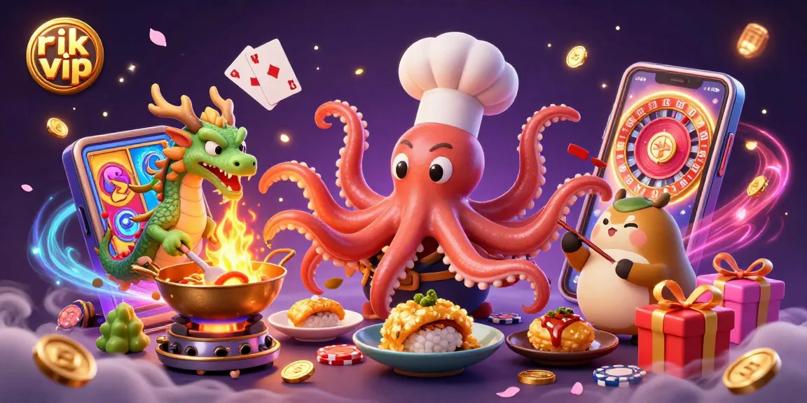 Spin winnings at the rik vip online casino as an octopus chef prepares while a dragon breathes fire.