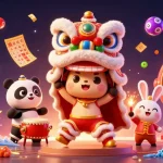 Experience the vibrant excitement of sc88 with a dynamic 3D illustration of a Chinese lion dance, drumming panda, and colorful lottery elements.