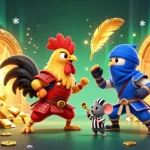 Experience the thrilling standoff of 8xbet's roosters in a dramatic casino showdown illuminated by rich treasures.