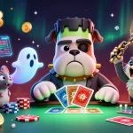 Engage with the excitement of five88 by witnessing a lively 3D scene of a Frankenstein bulldog dealing cards amidst crypto-themed elements.