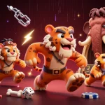 Experience thrilling gameplay at sunwin with vibrant 3D cartoon characters in a prehistoric casino setting.