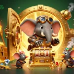 Experience the thrill of B52 Club chính thức with a steampunk elephant operating a golden slot machine in a vibrant casino scene.