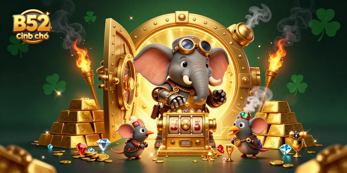 Experience the thrill of B52 Club chính thức with a steampunk elephant operating a golden slot machine in a vibrant casino scene.