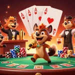 9bet hyenas entertain in a vibrant casino scene with poker elements and golden decor.