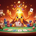 Experience 88SN with a festive volcano scene erupting coins and treasures in a vibrant poker environment.