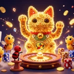 Experience net88's excitement with a dynamic lucky cat illustration full of casino symbols and vibrant elements.