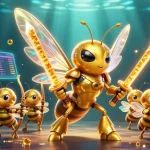 dabet showcases a vibrant 3D illustration of a golden hornet samurai amidst crypto coins and casino elements.