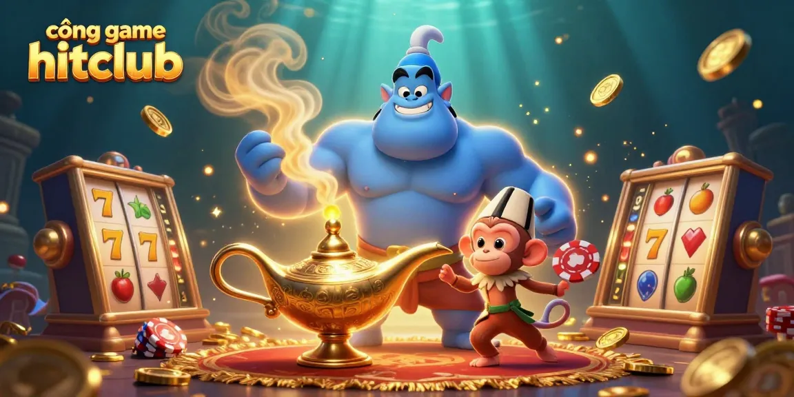 Experience thrilling games at cổng game hitclub with a dynamic scene featuring a genie, monkey, and casino elements.