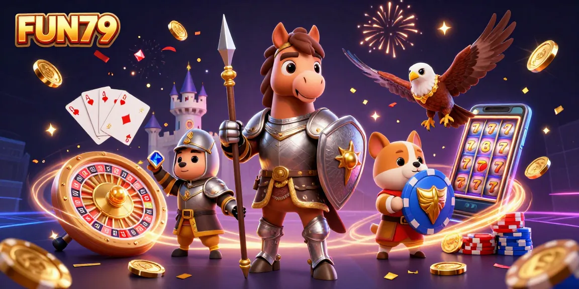 Win big with FUN79: Immerse in a vibrant 3D illustration showcasing dynamic casino elements.