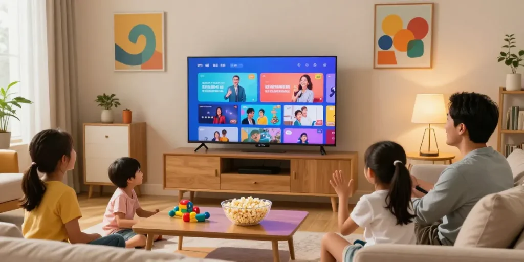 Família feliz assistindo conteúdo no melhor IPTV Brasil, ambiente aconchegante e alegre.