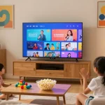 Família feliz assistindo conteúdo no melhor IPTV Brasil, ambiente aconchegante e alegre.