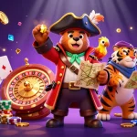 No deposit bonus scene featuring a pirate bear, tiger, and gold coins, surrounded by gambling elements.