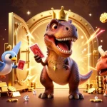 ZBET introduces a lively scene with a T-Rex shuffling cards as a pterodactyl assists, embodying thrilling casino gaming.