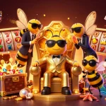 ZBET players winning big at a vibrant casino, featuring a dynamic scene with a bumblebee mob boss and slot game elements.