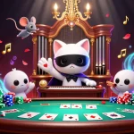 Engage with the dynamic gaming world at MAN88, where a mystical cat plays the organ amidst poker excitement.