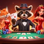 Engage with luck8 as the suave raccoon deals poker, surrounded by vibrant casino elements.