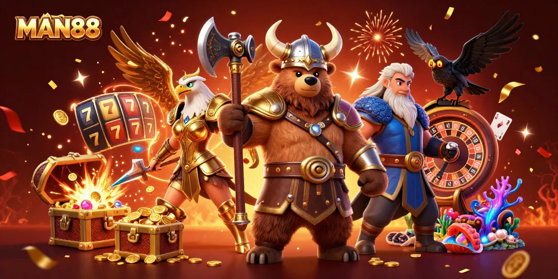 Experience thrilling gameplay at MAN88 with Viking characters and casino elements in a vibrant scene.
