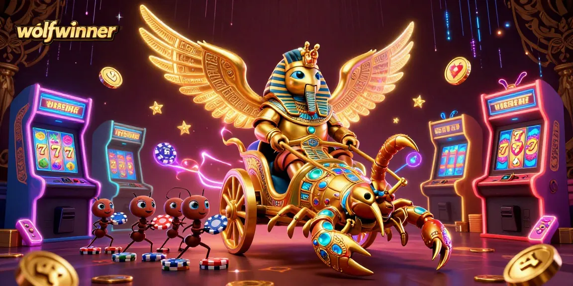 wolfwinner showcases an exciting casino scene with a golden scarab beetle, scorpions, and poker chips, enhancing your gaming experience.